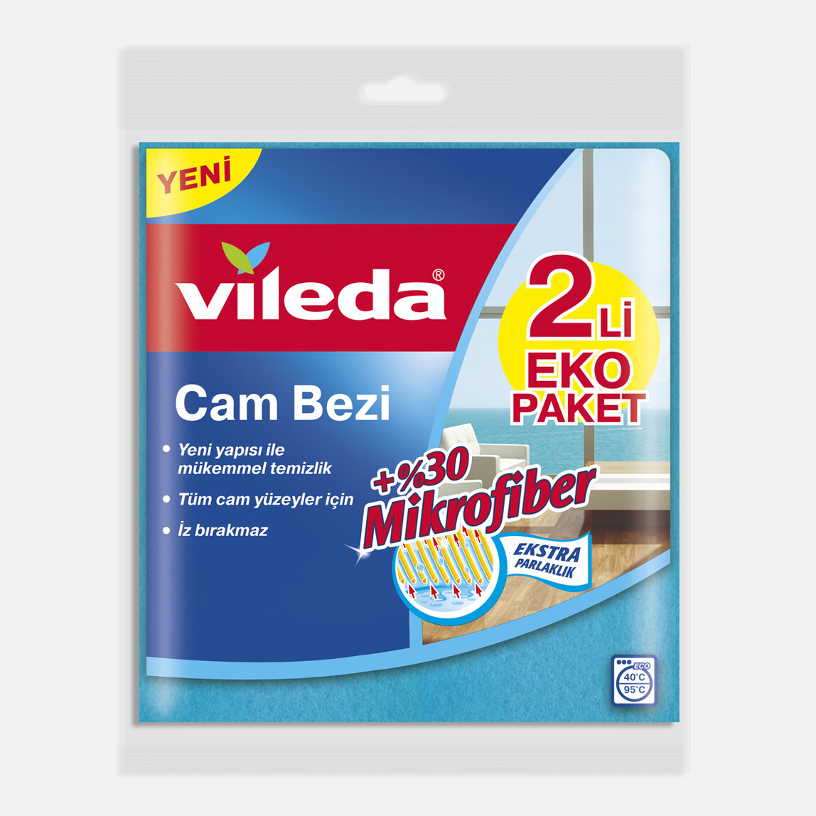 Vileda %30 Mikrofiberli Mavi Cam Bezi 2'li Eko Paket_0