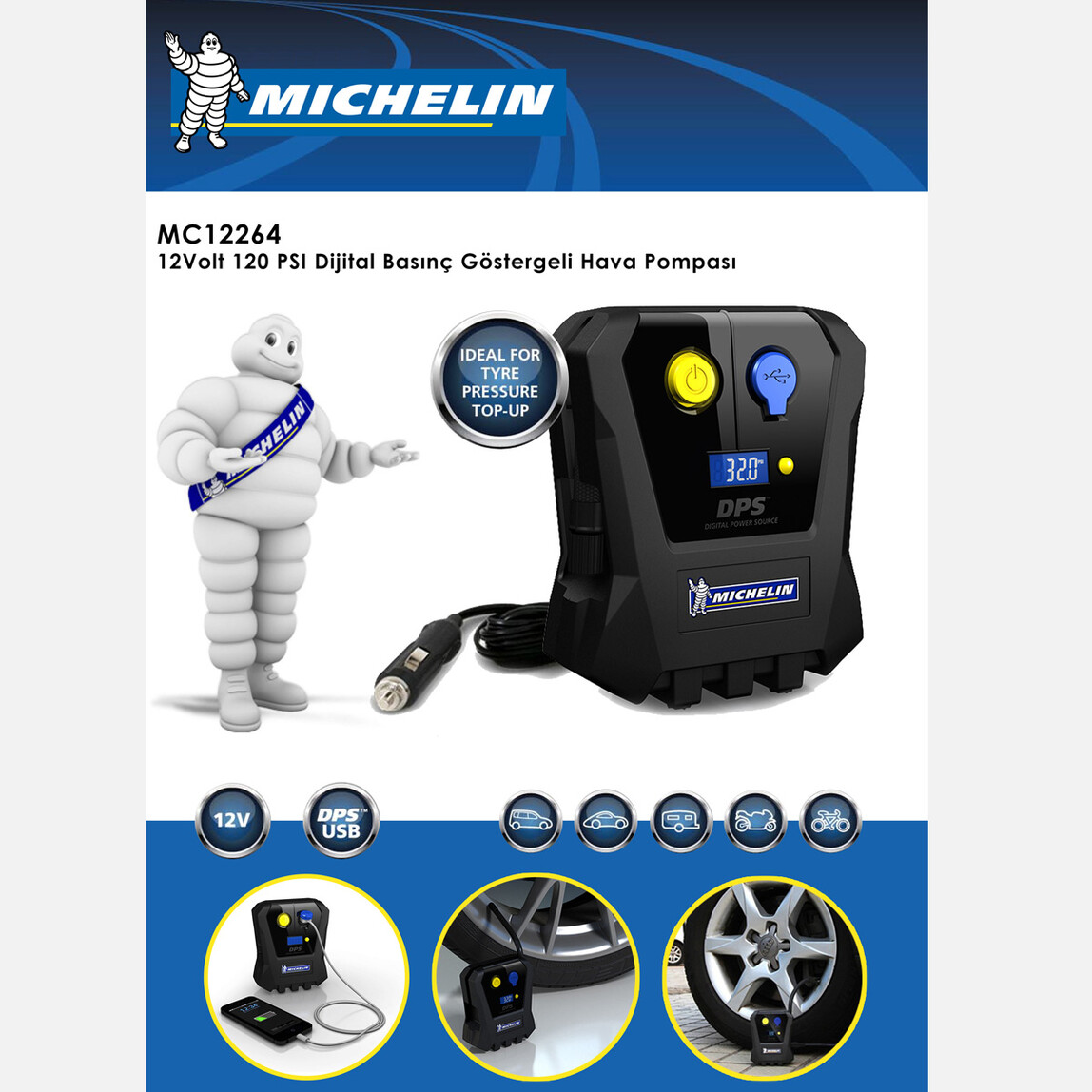    Michelin MC12264 12V 120PSI Dijital Basınç Göstergeli Hava Pompası 