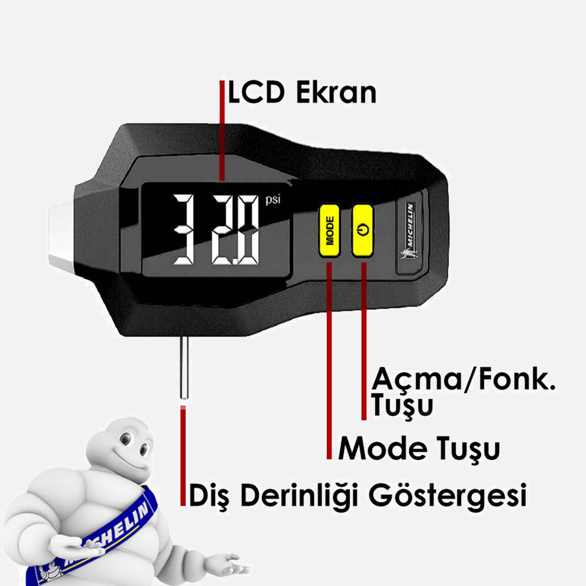    Michelin MC12293 99PSI Dijital Lastik Basınç ve Derinlik Ölçer  