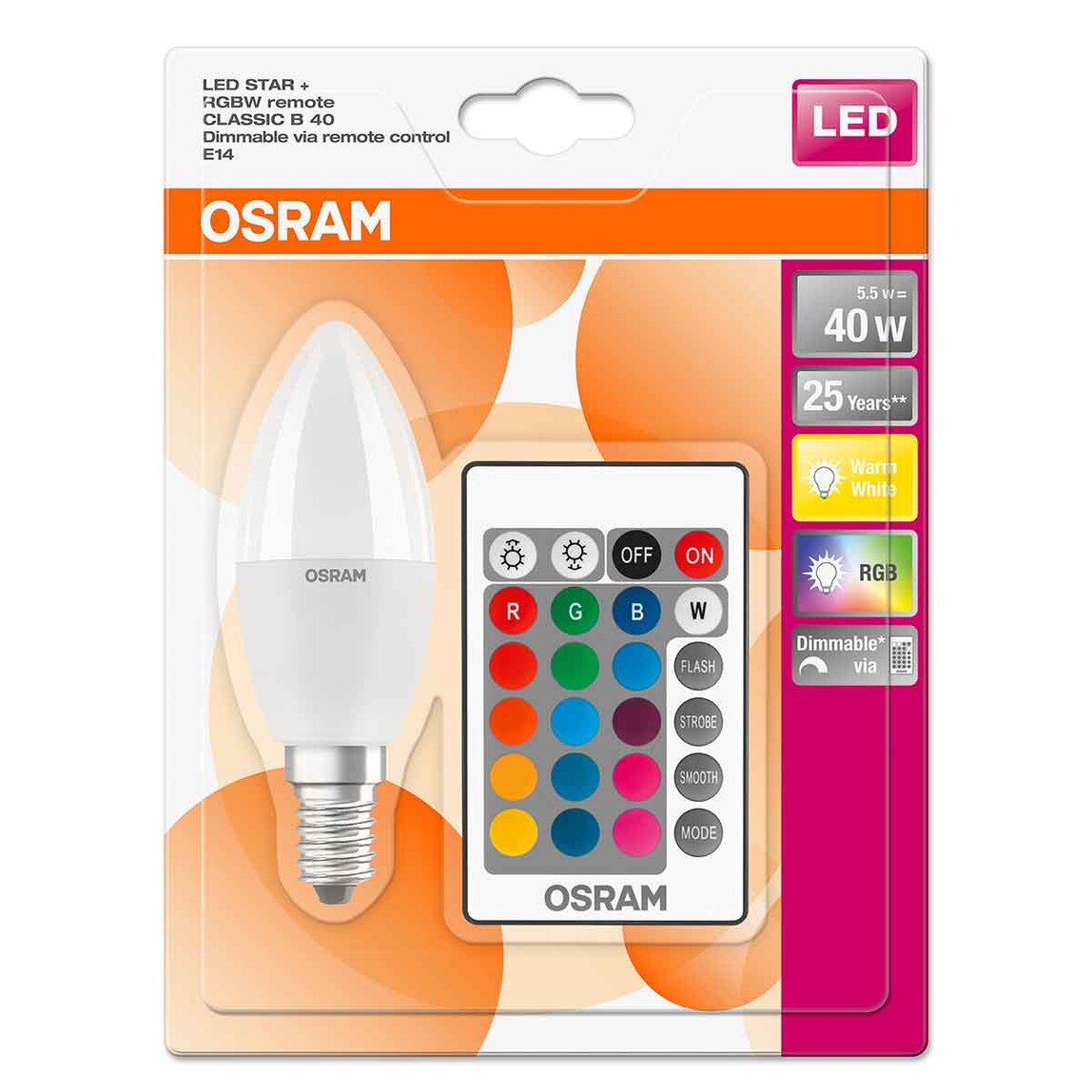    Osram CLB40 REM 5.5 W Uzaktan Kumandalı RGB Sarı Mum E14 Duy Led Ampul   