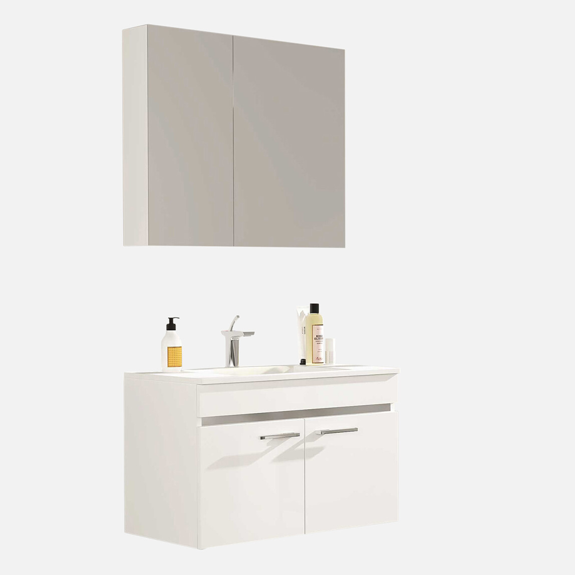    Gold Banyo Alba Aynalı 100 cm Takım Banyo Dolabı Beyaz 