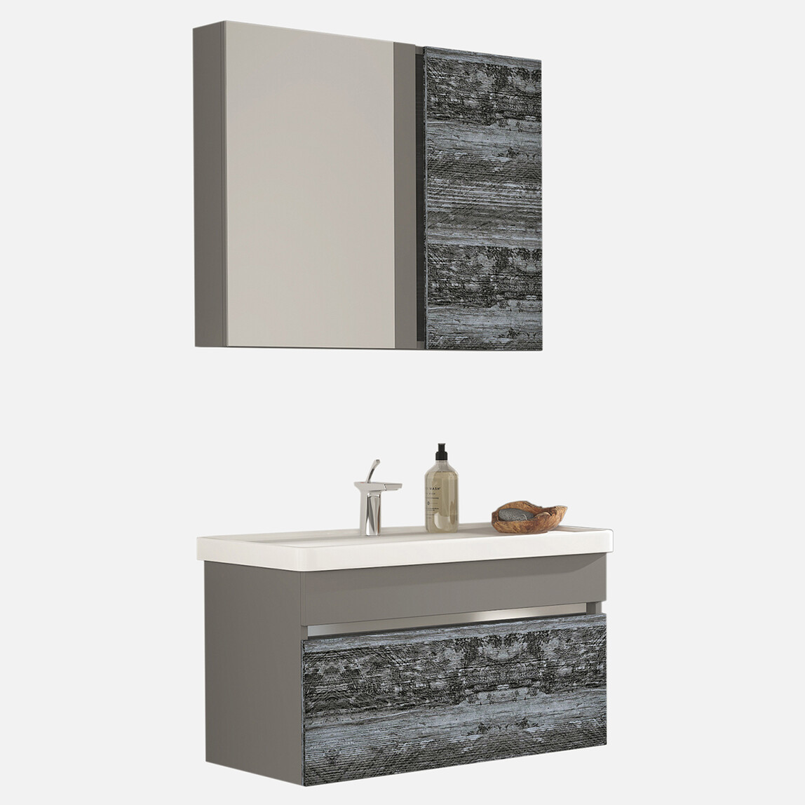    Gold Banyo Ronon Aynalı 80 cm Takım Banyo Dolabı Antrasit 