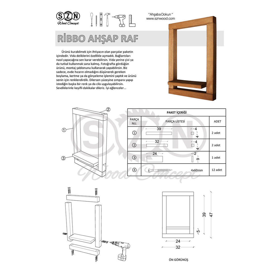 Szn SZN51-Teak Ladin - Göknar Dikdörtgen Salon Dekoratif Raf Kahverengi_2