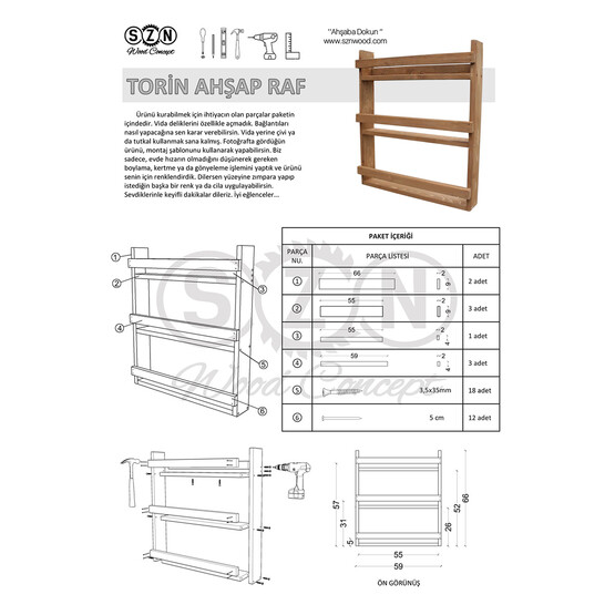 Szn SZN51-Teak Ladin - Göknar Dikdörtgen 3 Raflı Salon Dekoratif Raf Kahverengi 