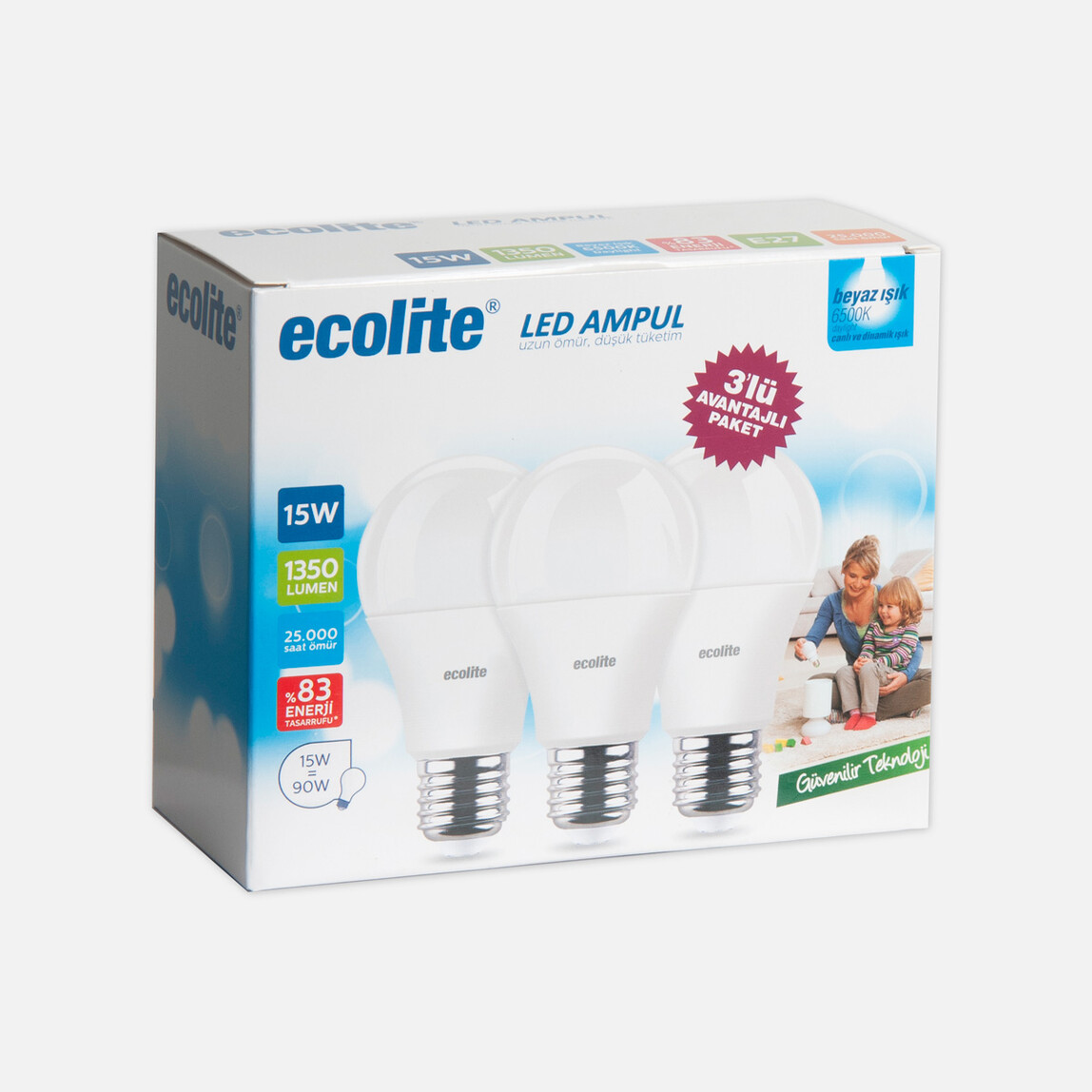 Ecolite Led 15W 3'lü Eko Paket E27 Beyaz Işık_0