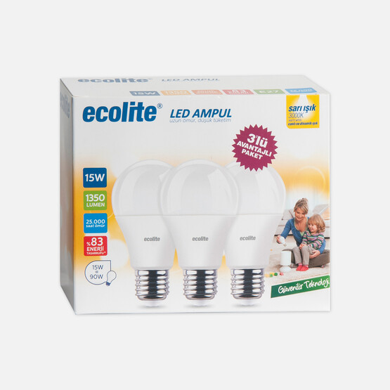 Ecolite 15 W Sarı Klasik E27 Duy 3'lü Led Ampul  