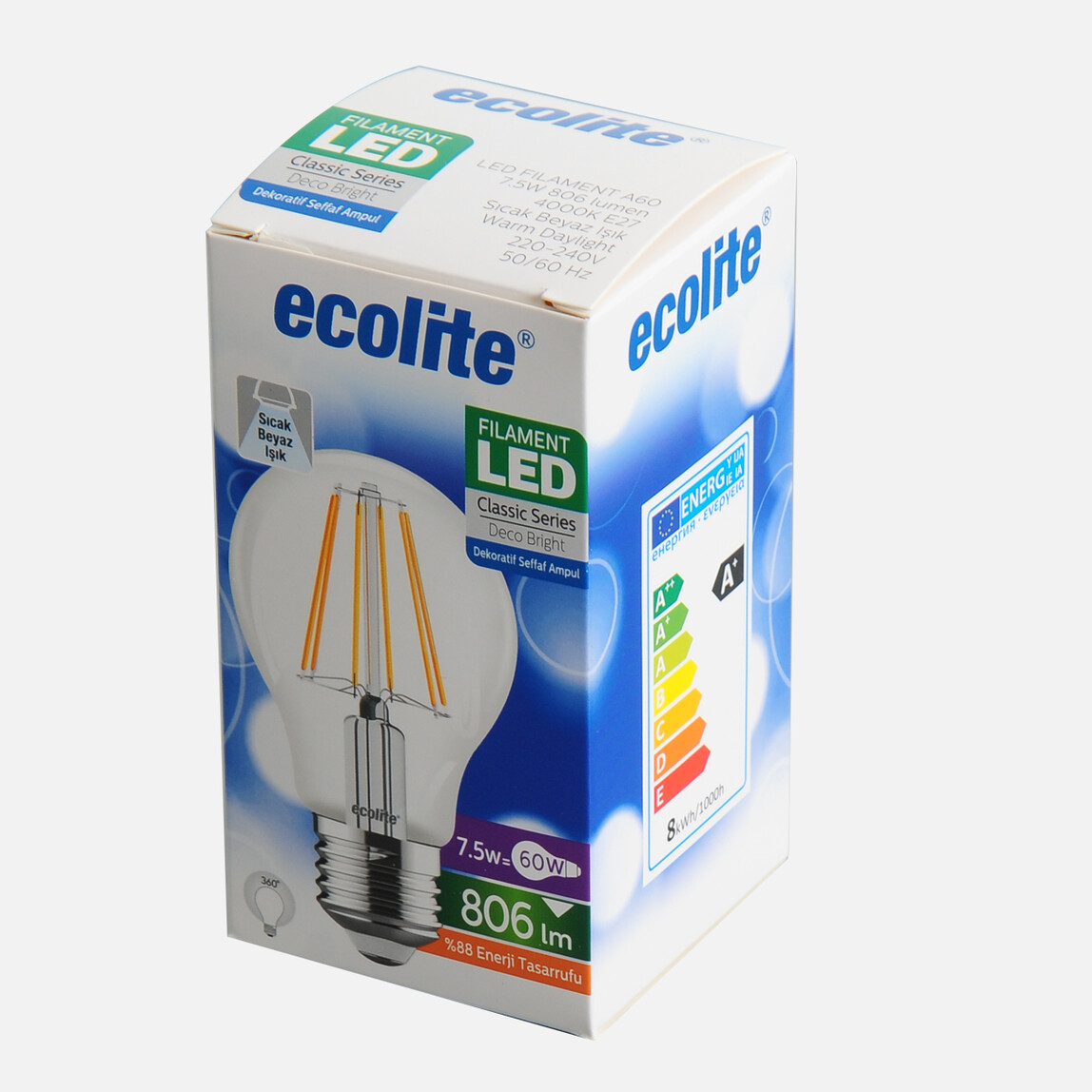    Ecolite Filament A60 7.5 W Beyaz Klasik E27 Duy Led Ampul  