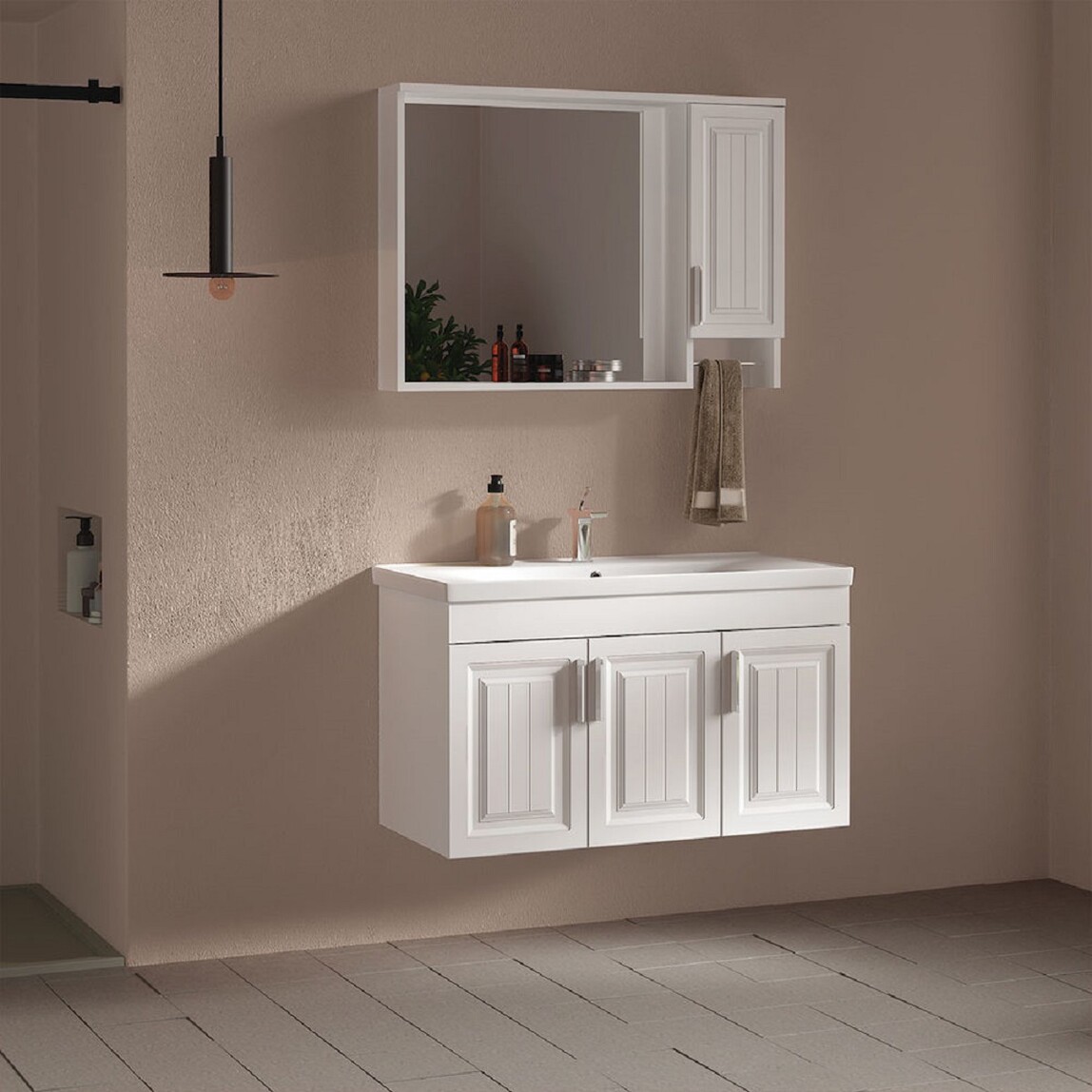    Gold Banyo Aria Aynalı 100 cm Takım Banyo Dolabı Beyaz 
