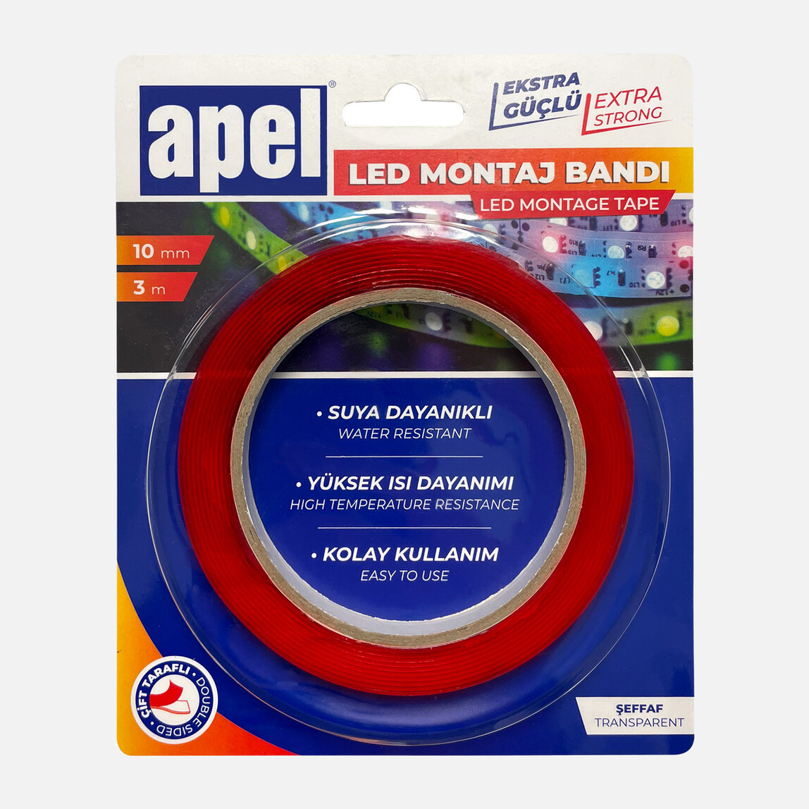    Apel Çift Taraflı Şeffaf Silikon Bant (Led Bandı) Poşet 10mm x 3m  
