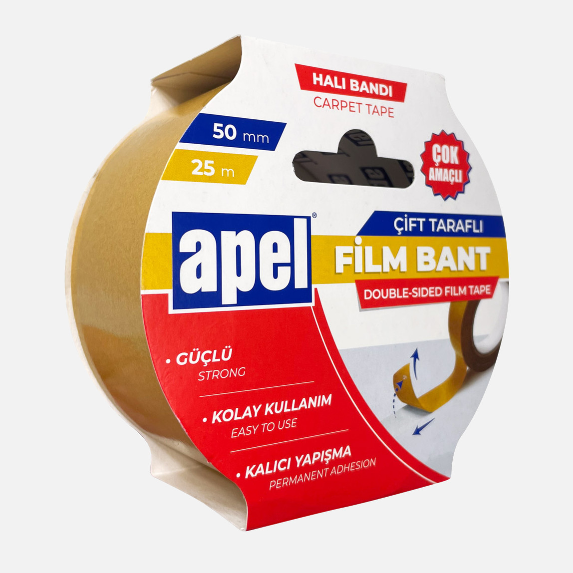 Apel Çift Taraflı Film Bant (Halı Bandı) Askılı Karton 50mm X 25m Şeffaf_0