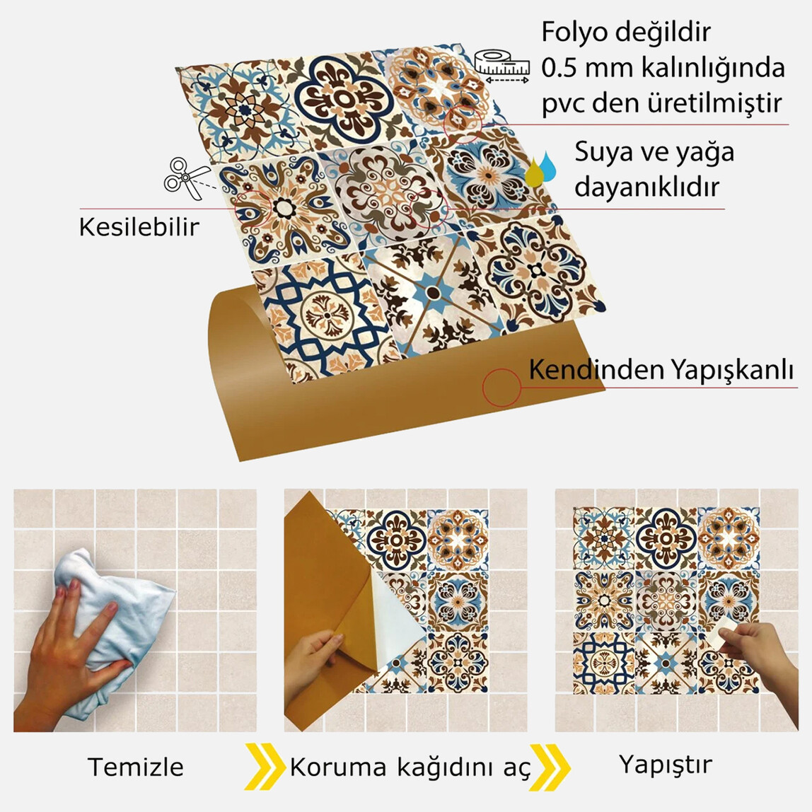    Tink Fas Desenli Çok Renkli Zemin PVC Karola 4’lü Paket 30 x 30 cm 0.5 mm 