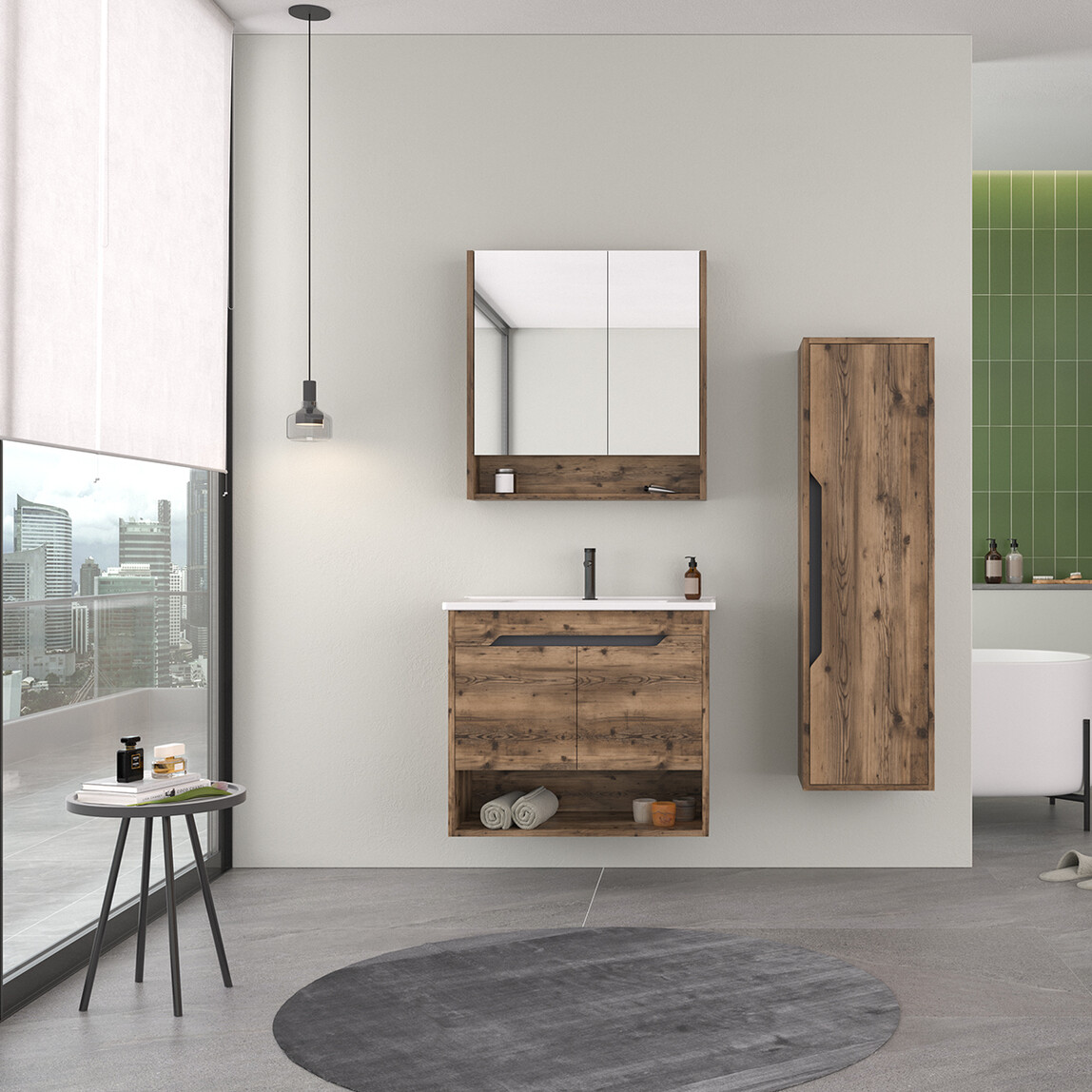    Bonitobagno BNT1001 Lidya Aynalı 73 cm Banyo Dolabı Üst Modül Ceviz 