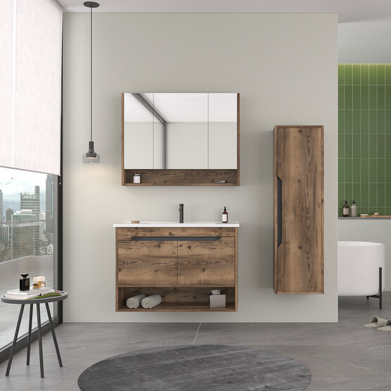 Bonitobagno BNT1001 Lidya Aynalı 100 cm Banyo Dolabı Üst Modül Ceviz