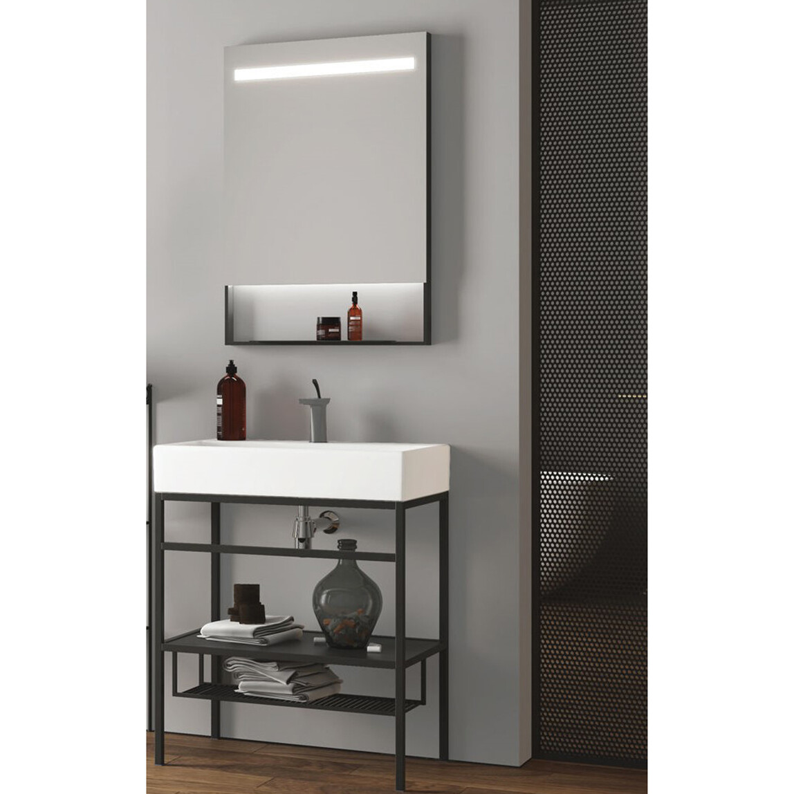   Gold Banyo Atreus Aynalı 70 cm Takım Banyo Dolabı Siyah 