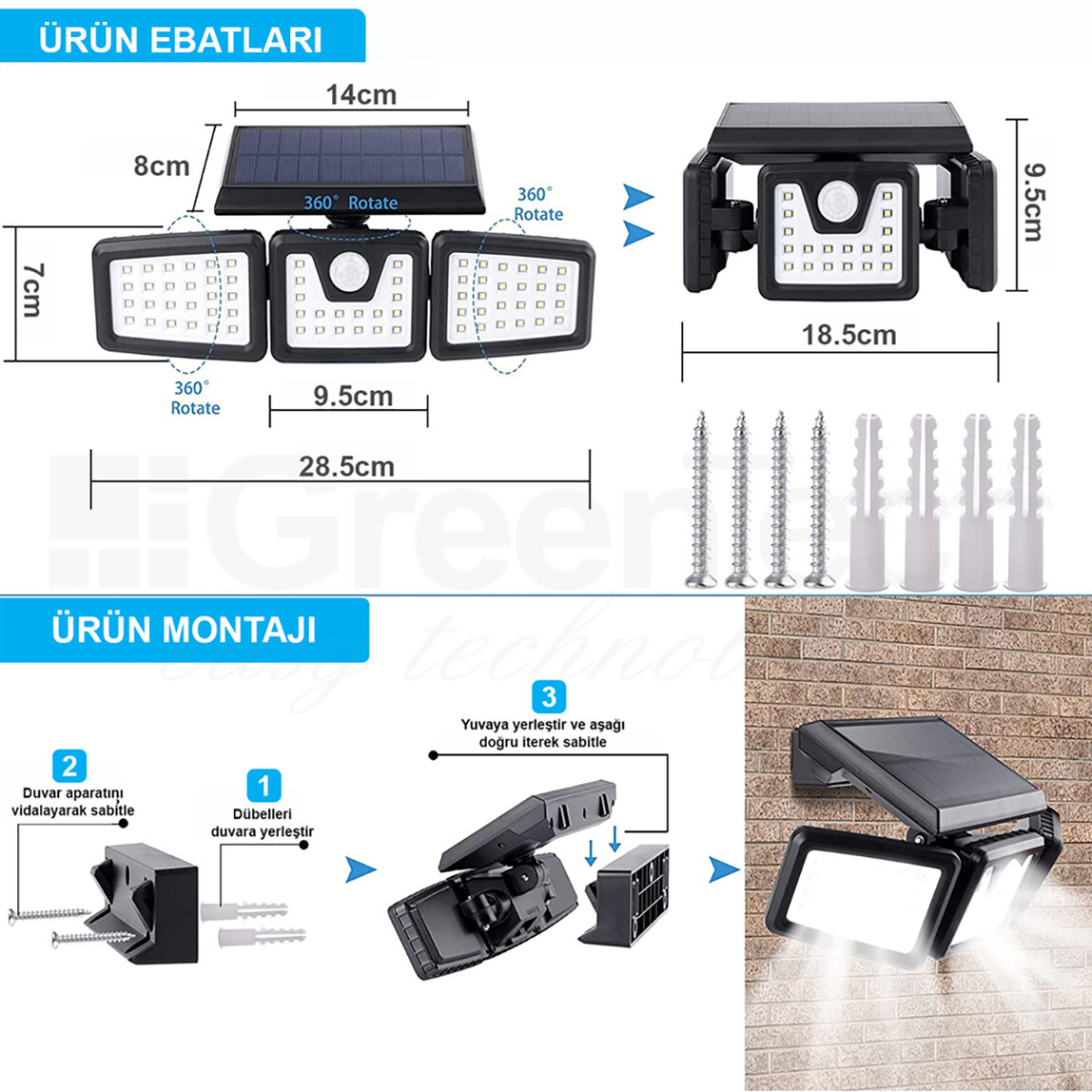    GreenTech Solar Sensörlü 3 Taraflı Led Aydınlatma 