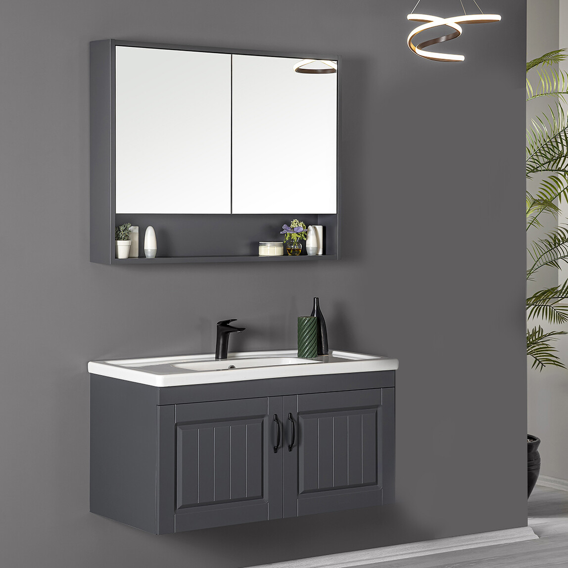    Malin Aynalı 105 cm Takım Banyo Dolabı Antrasit 