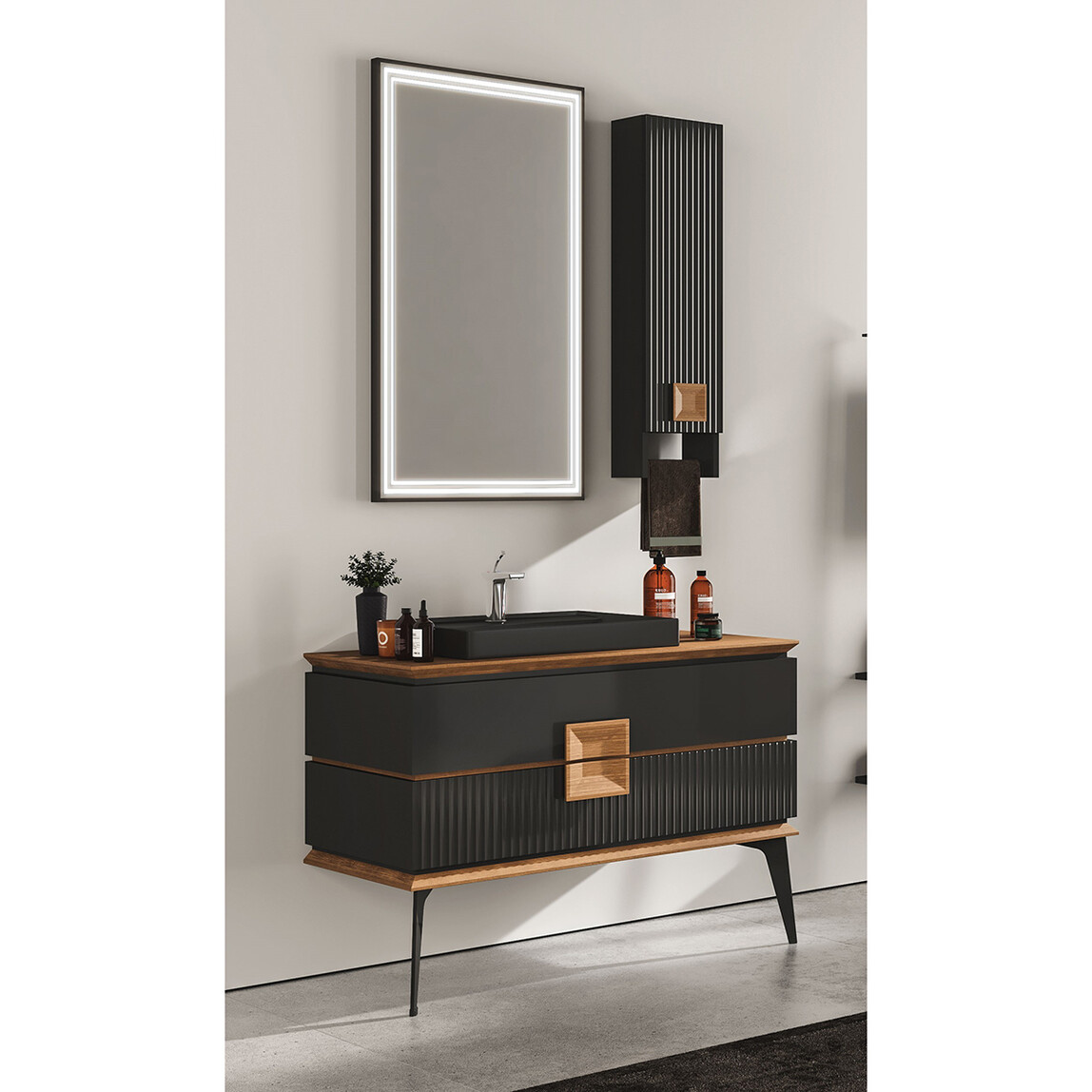    Gold Banyo Cavalli Aynalı 109 cm Takım Banyo Dolabı Siyah 