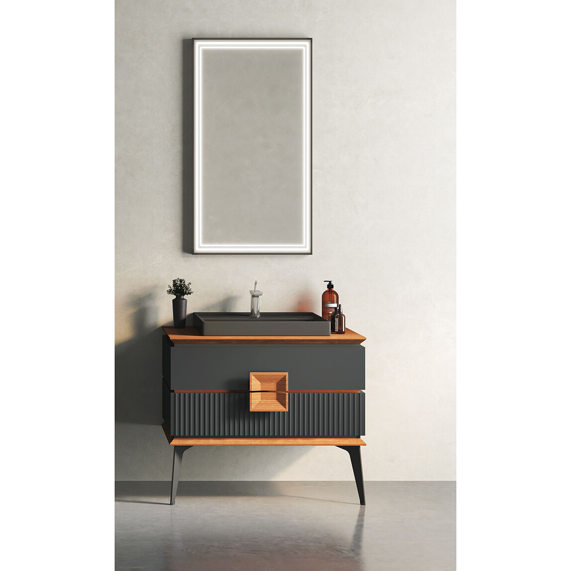    Gold Banyo Cavalli Aynalı 89 cm Takım Banyo Dolabı Siyah 