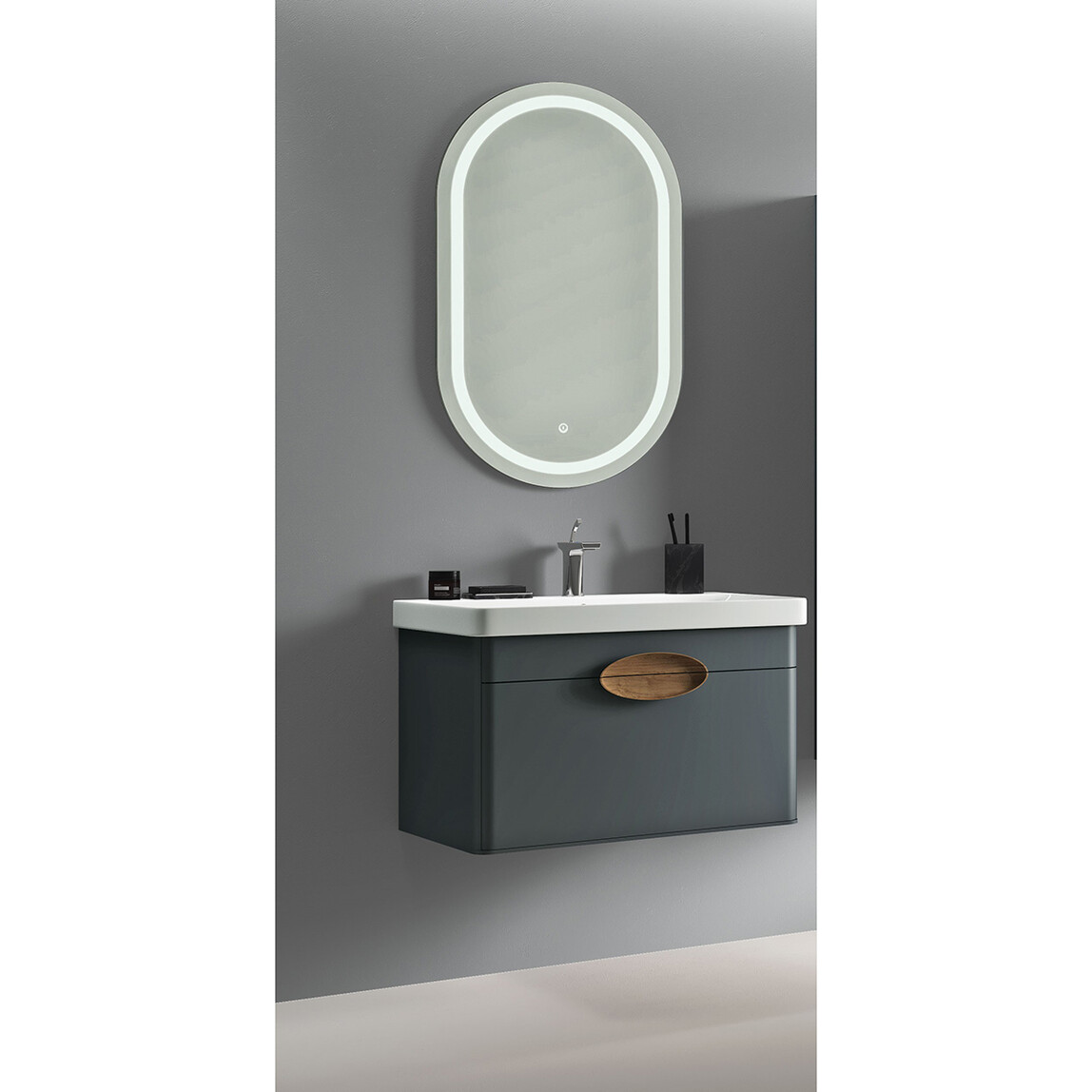    Gold Banyo Asle Aynalı 78 cm Takım Banyo Dolabı Antrasit 