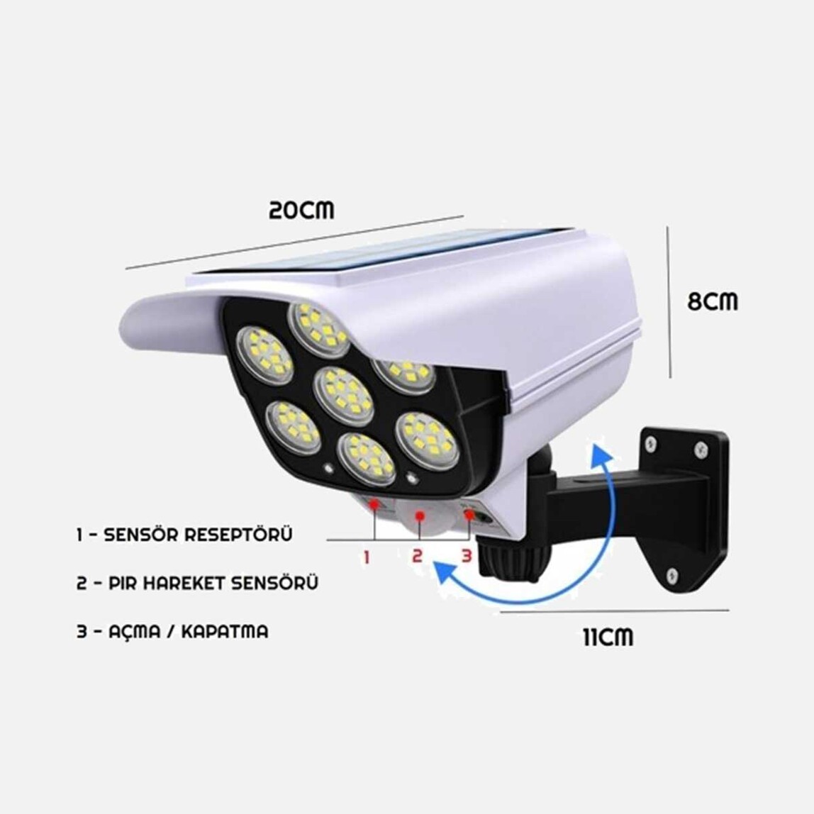    GreenTech GT-SL03 Güneş Enerjili, Hareket Sensörlü Sahte Güvenlik Kamerası Dış Mekan 77 LED Aydınlatmalı  