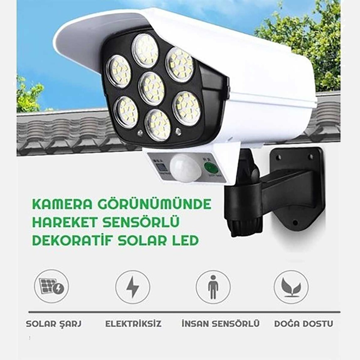    GreenTech GT-SL03 Güneş Enerjili, Hareket Sensörlü Sahte Güvenlik Kamerası Dış Mekan 77 LED Aydınlatmalı  