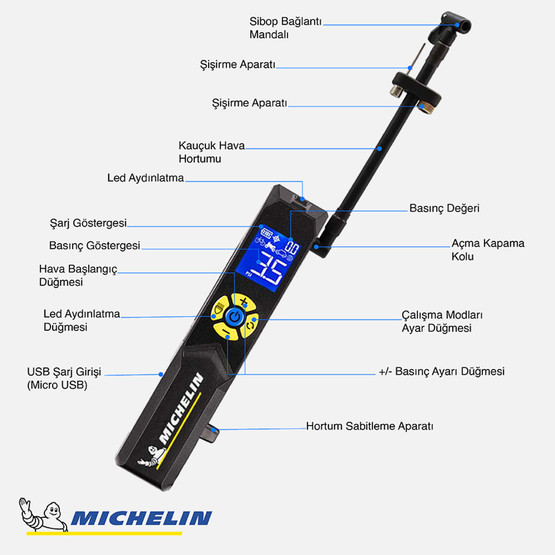Michelin Mc33382 Şarjlı Li-ion 150 Psı Taşınabilir Dijital Basınç Göstergeli Led Aydınlatmalı Lastik Şişirme Pompası 