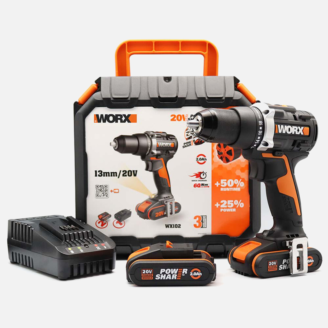 WORX WX102 20Volt/2.0Ah Li-ion Çift Akülü Kömürsüz Profesyonel Şarjlı Matkap_0