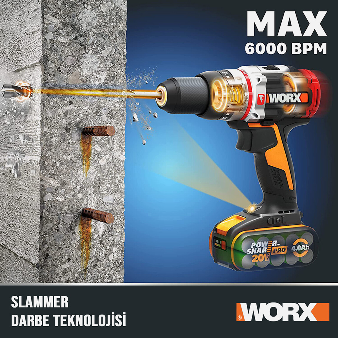 WORX WX354.1 20Volt/4.0/2.0 Ah. Li-ion Çift Akülü Kömürsüz Profesyonel Darbeli Şarjlı Matkap_3