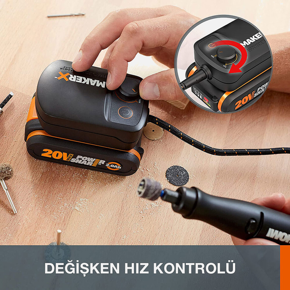    WORX WX739 MAKERX 20Volt 2.0Ah. Kömürsüz Profesyonel Kalem Tipi Devir Ayarlı Gravür Seti + 34 Parça Aksesuar  