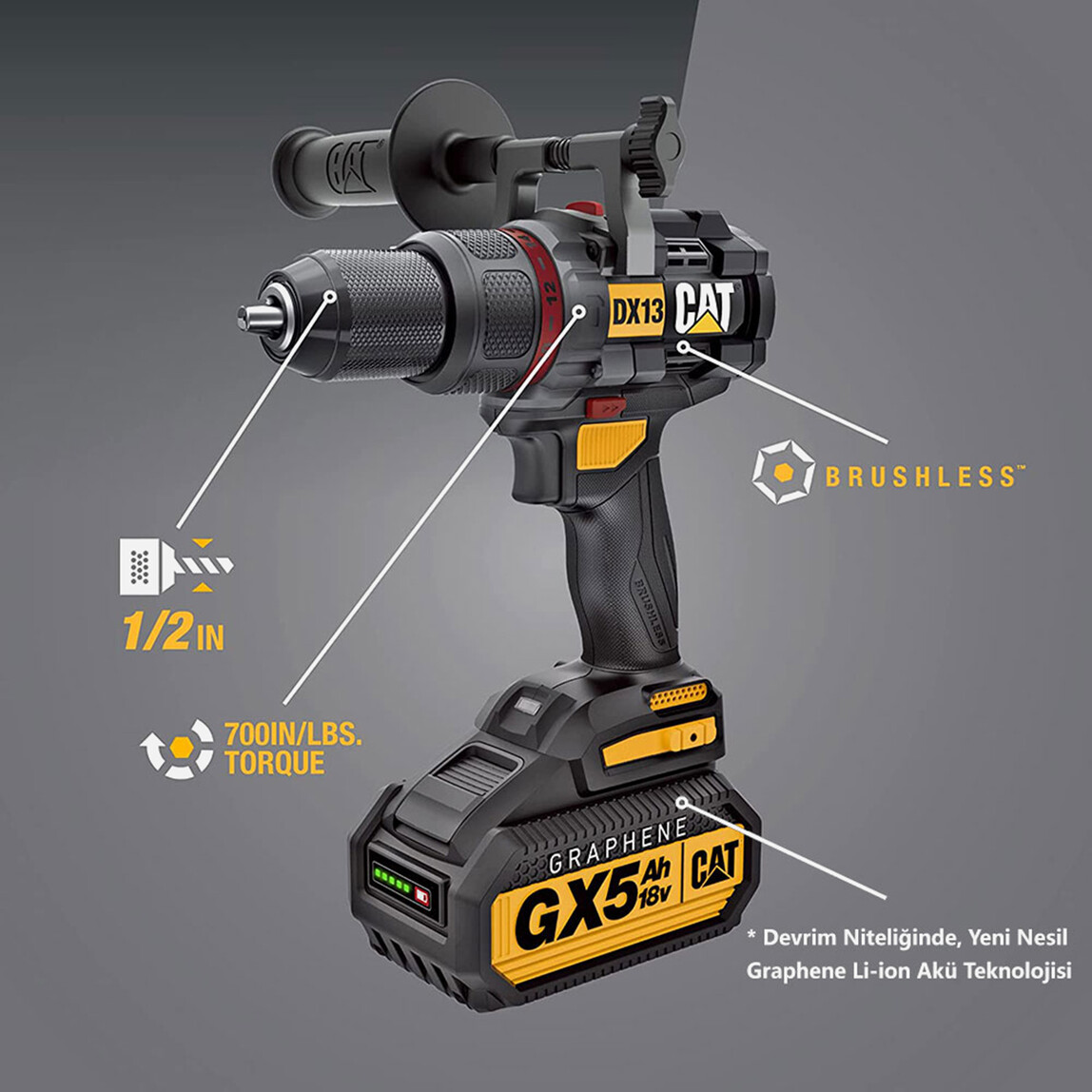 CAT DX13 18Volt/5.0Ah GRAPHENE Li-ion Kömürsüz Profesyonel Şarjlı Darbeli Matkap_10