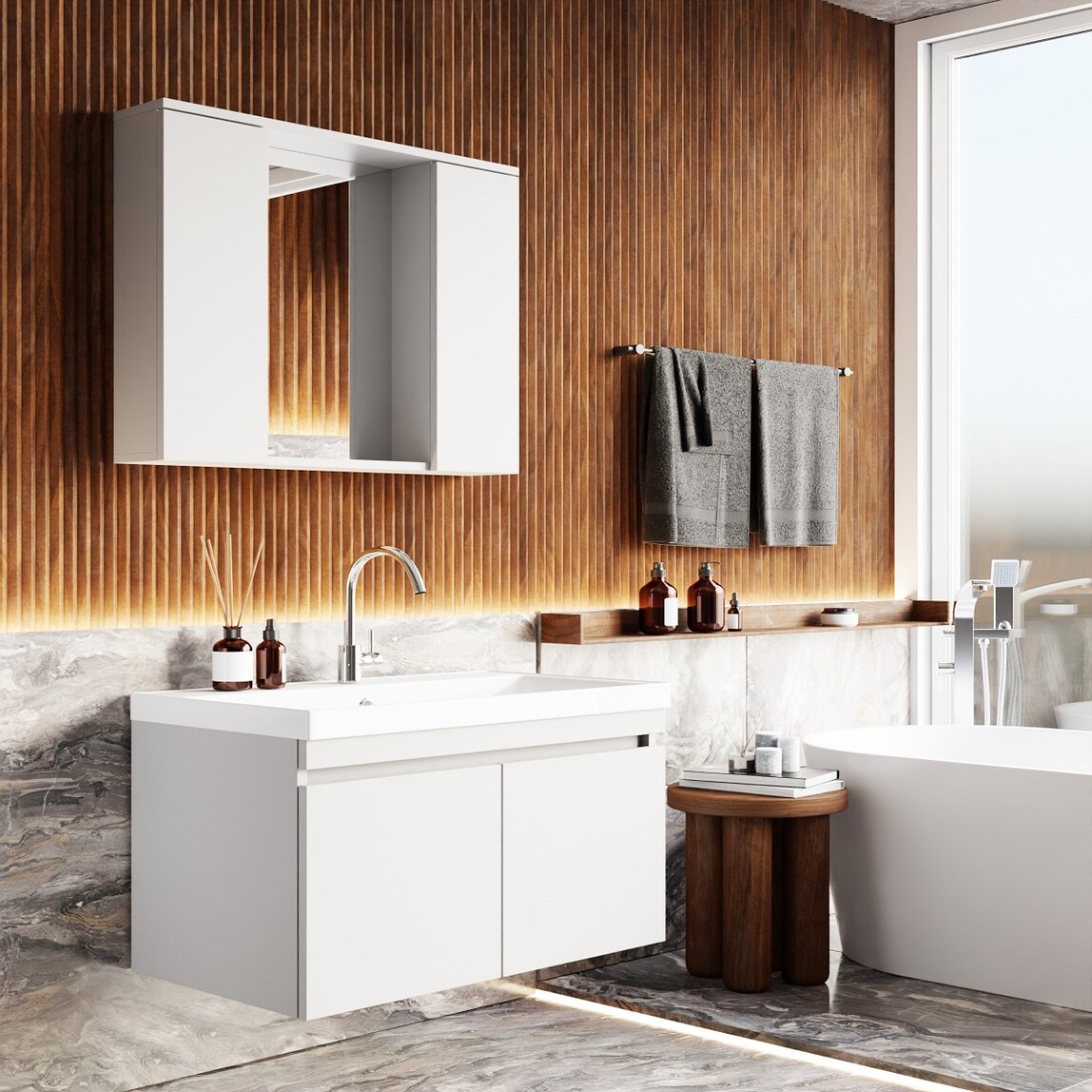    Karen Banyo Koza Aynalı 80 cm Takım Banyo Dolabı Beyaz 