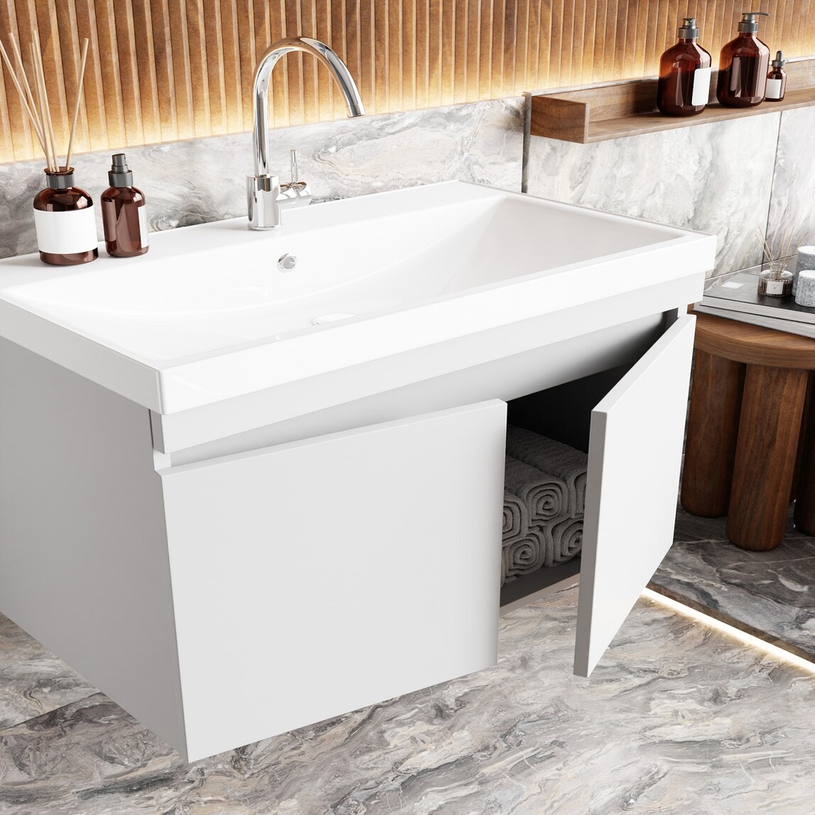    Karen Banyo Koza Aynalı 80 cm Takım Banyo Dolabı Beyaz 