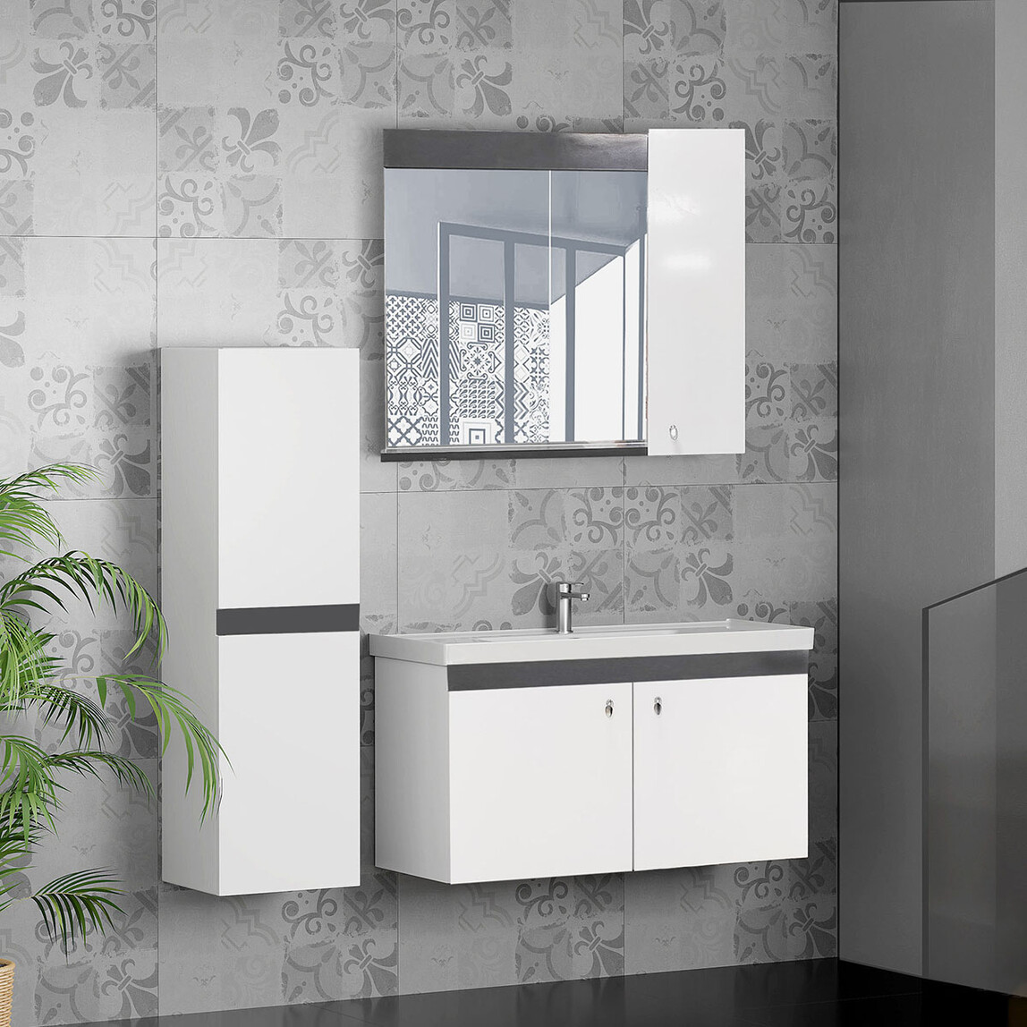    Karen Banyo New Bahar Aynalı 80 cm Takım Banyo Dolabı Beyaz 