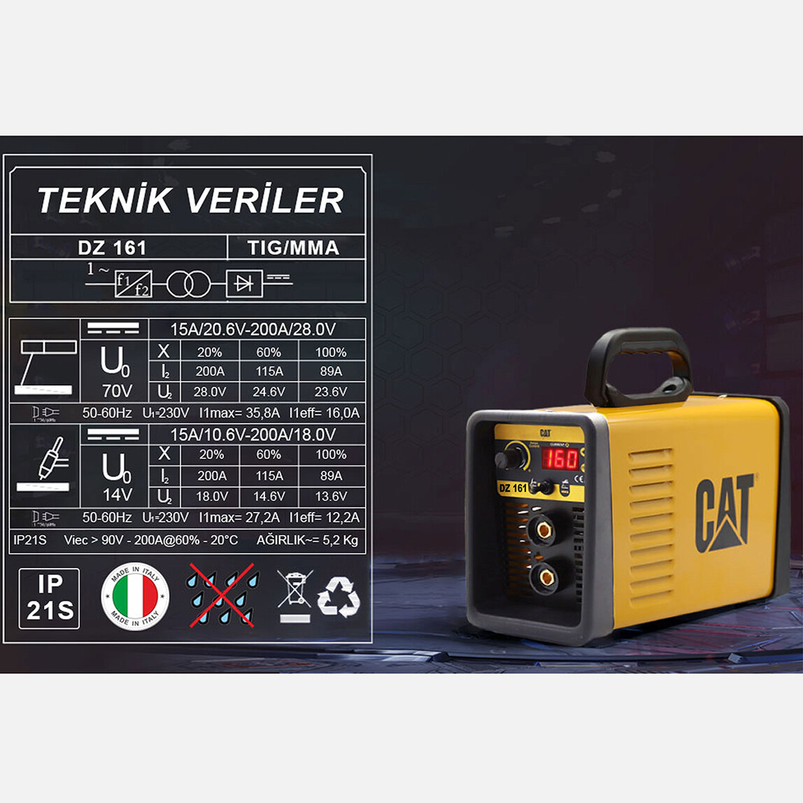    Cat DZ161 160 Amper TIG LIFT MMA Çanta Tipi Profesyonel Dijital İnverter Kaynak Makinesi  