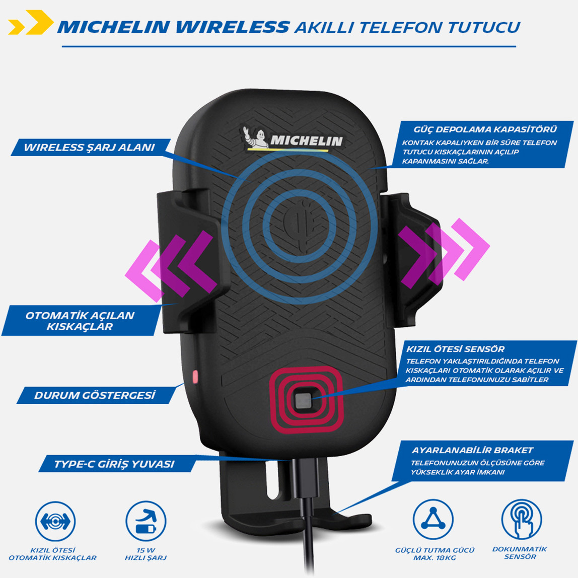 Michelin MC33368 Wireless Telefon Şarj Cihazı ve Dokunmatik Akıllı Telefon Tutucu_4