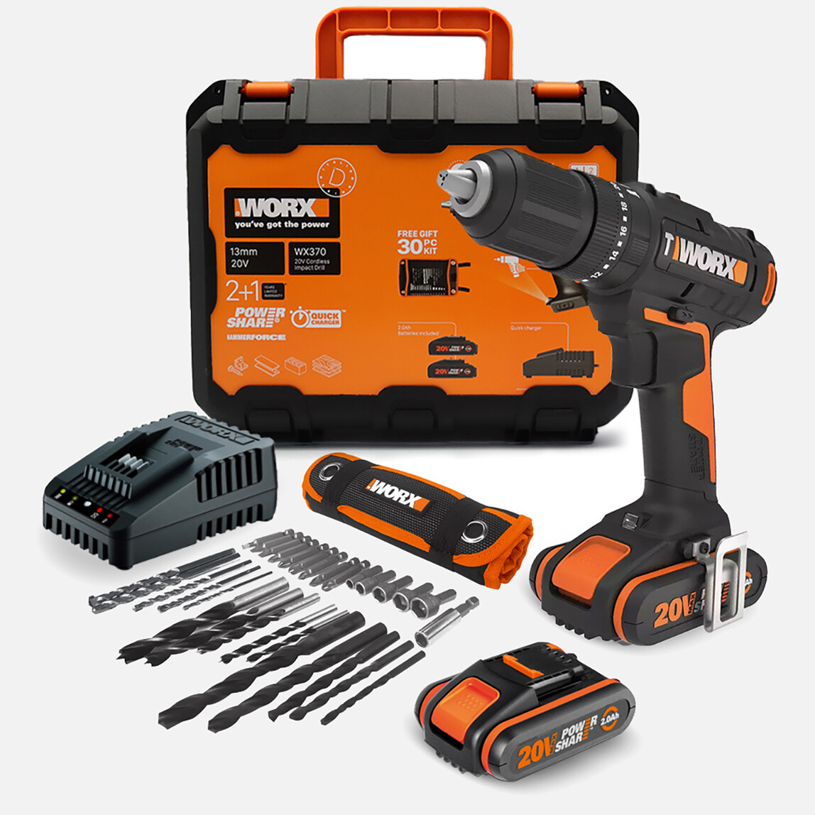    Worx WX370 20Volt/2Ah. Li-ion Çift Akülü Profesyonel Şarjlı Darbeli Matkap + 30 Parça Aksesuar Seti  