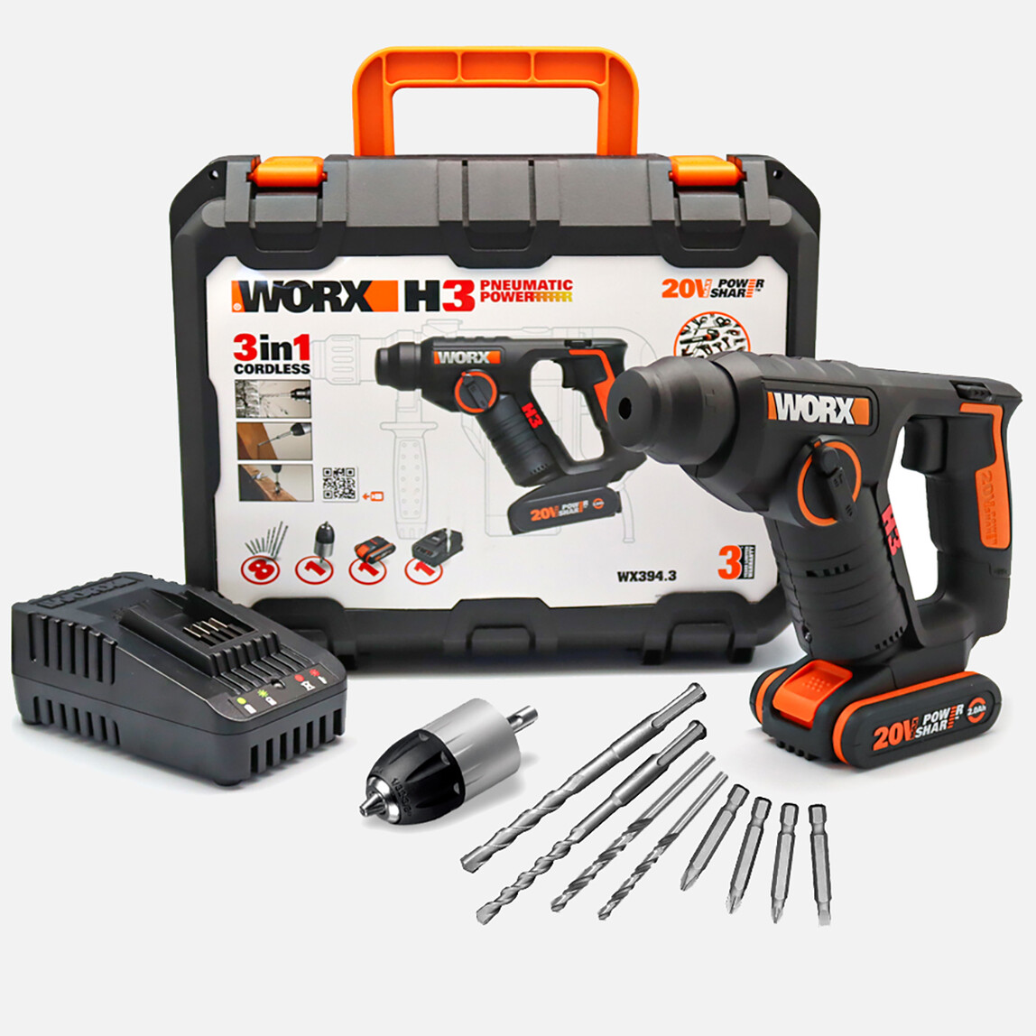 Worx WX394.3 20Volt 2.0Ah. Li-ion 1.5J Profesyonel SDS-Plus Pnömatik Şarjlı Matkap + 9 Adet Uç + Mandren_0