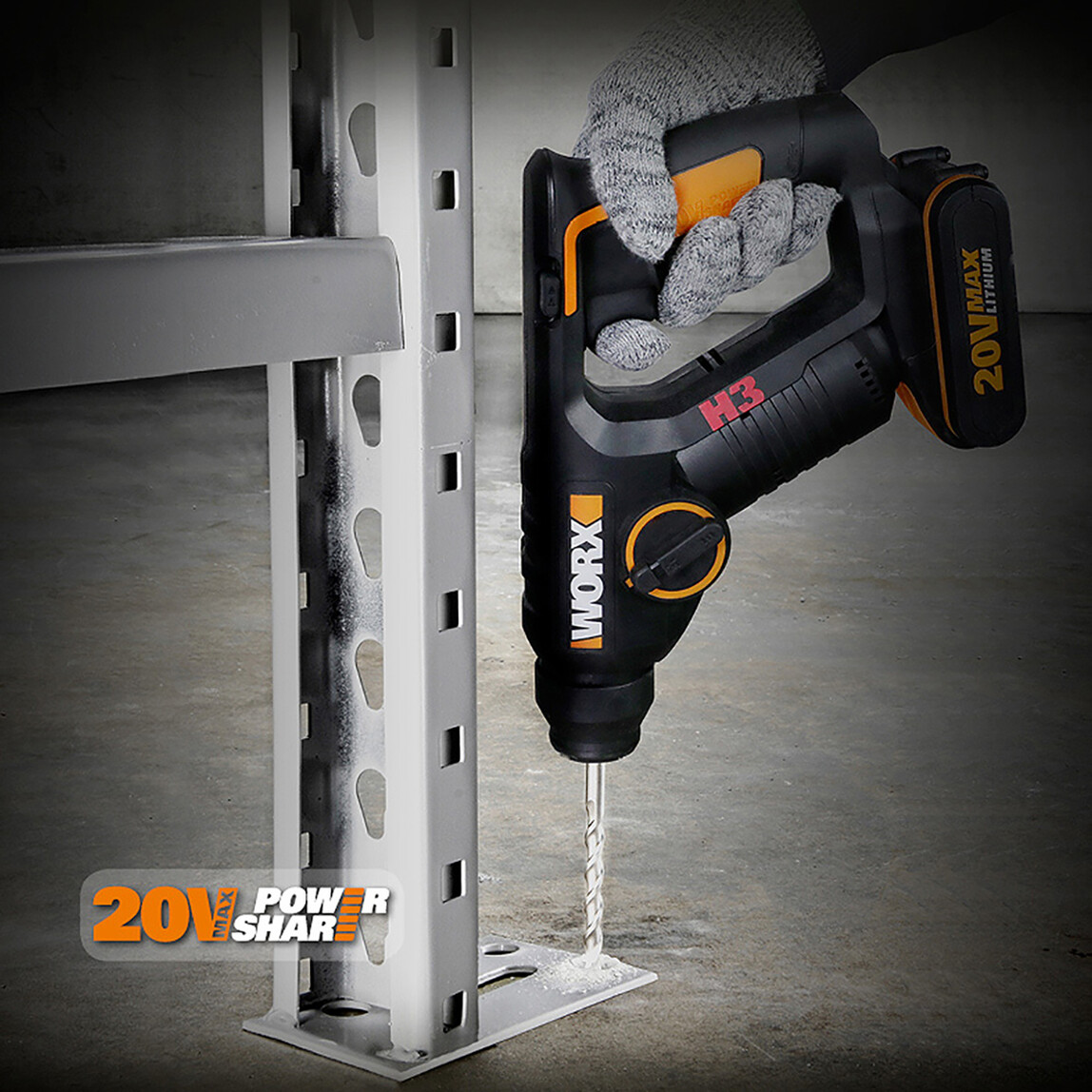    Worx WX394.3 20Volt 2.0Ah. Li-ion 1.5J Profesyonel SDS-Plus Pnömatik Şarjlı Matkap + 9 Adet Uç + Mandren  