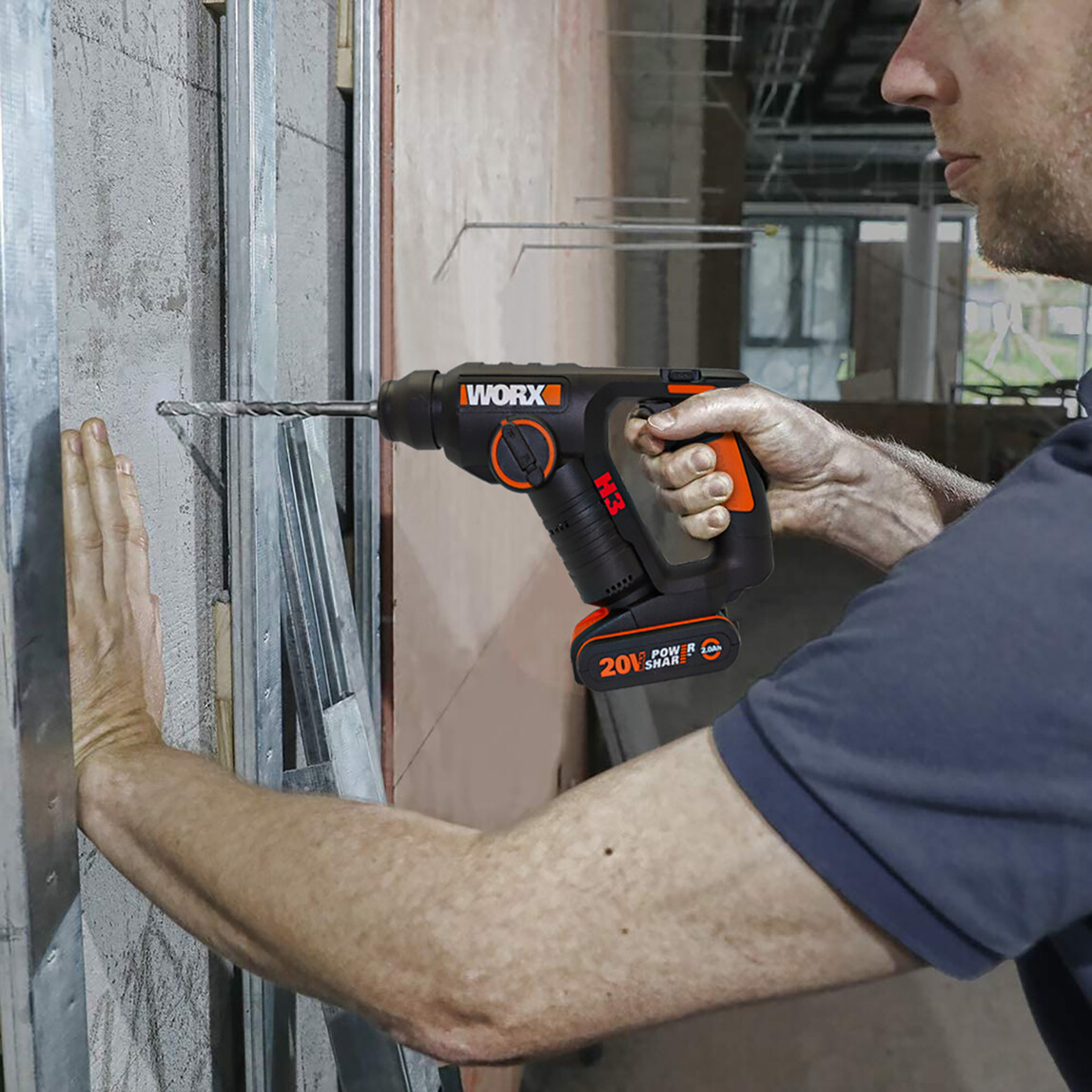    Worx WX394.3 20Volt 2.0Ah. Li-ion 1.5J Profesyonel SDS-Plus Pnömatik Şarjlı Matkap + 9 Adet Uç + Mandren  