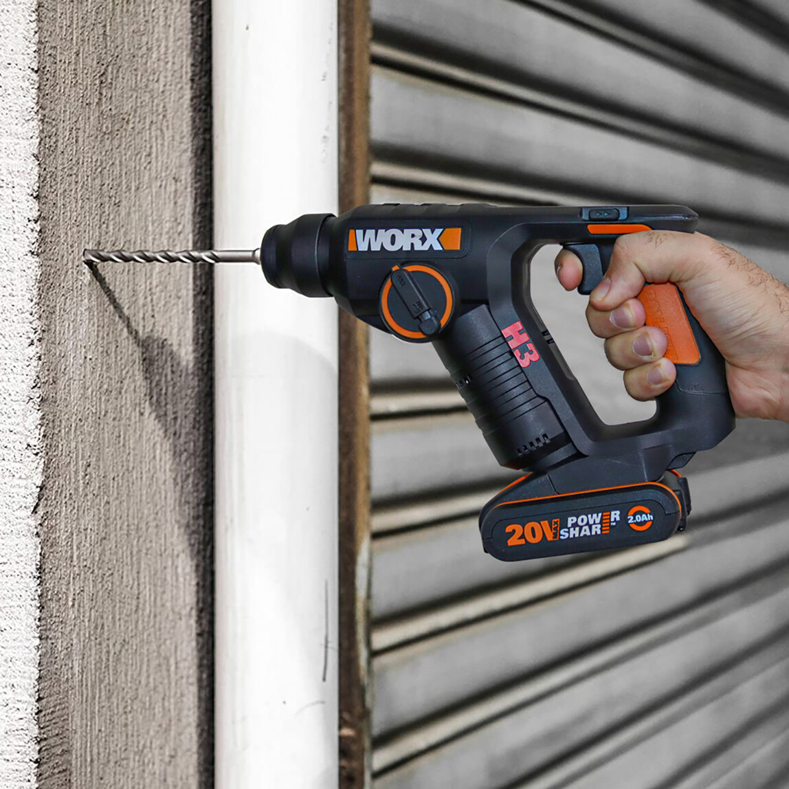    Worx WX394.3 20Volt 2.0Ah. Li-ion 1.5J Profesyonel SDS-Plus Pnömatik Şarjlı Matkap + 9 Adet Uç + Mandren  