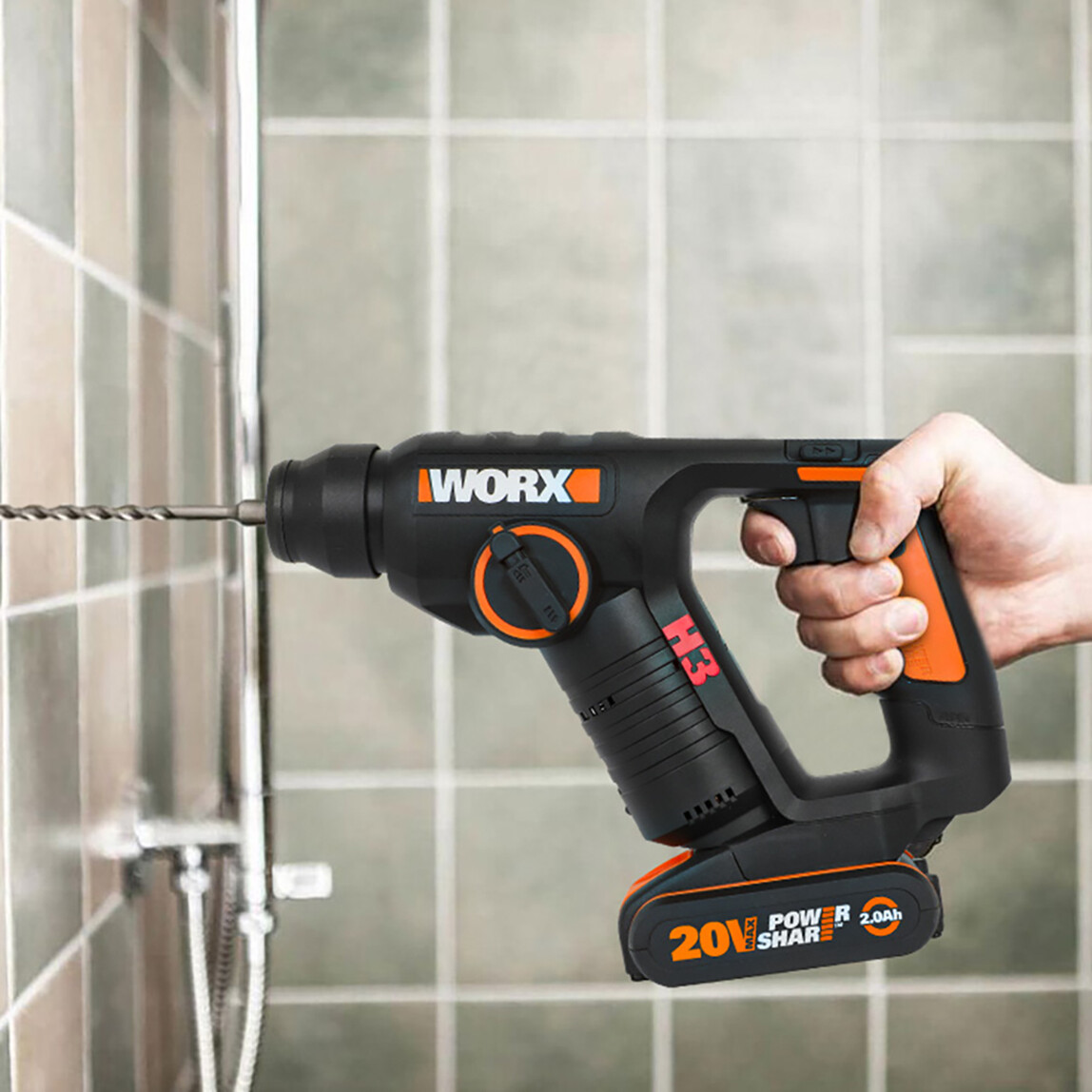    Worx WX394.3 20Volt 2.0Ah. Li-ion 1.5J Profesyonel SDS-Plus Pnömatik Şarjlı Matkap + 9 Adet Uç + Mandren  