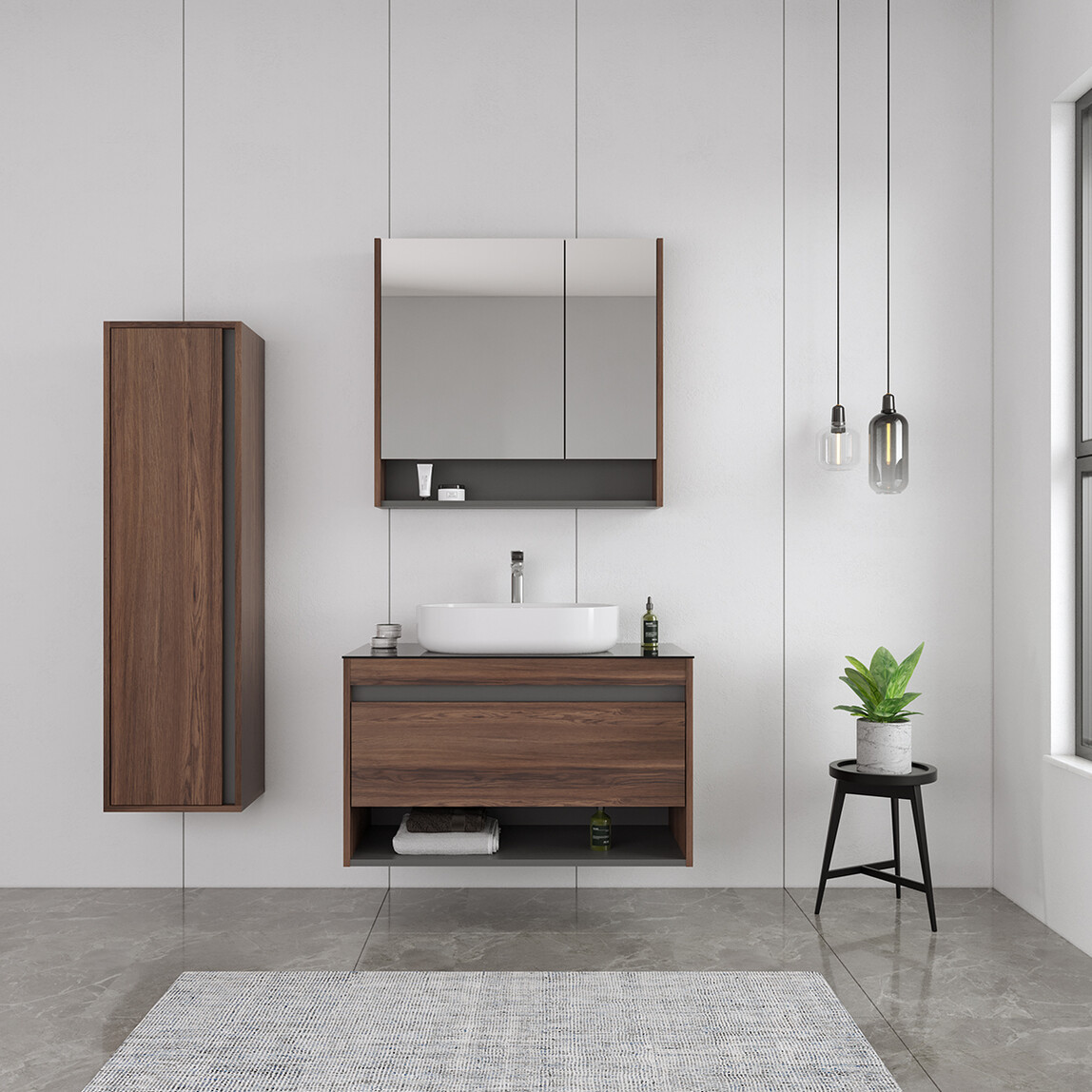    Bonitobagno Alberi Navaro 90 cm Banyo Dolabı Alt Modül Ceviz 