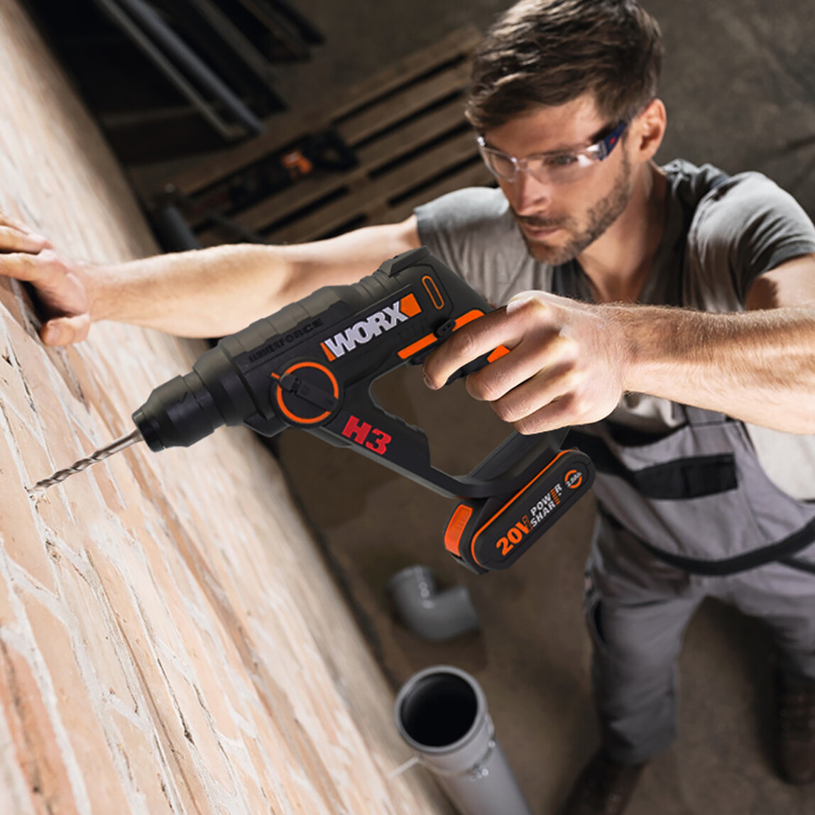    Worx WX390.9 20Volt 1.2J Profesyonel SDS-Plus Pnömatik Şarjlı Matkap + 8 Adet Uç + Mandren (Akü Dahil Değildir)  