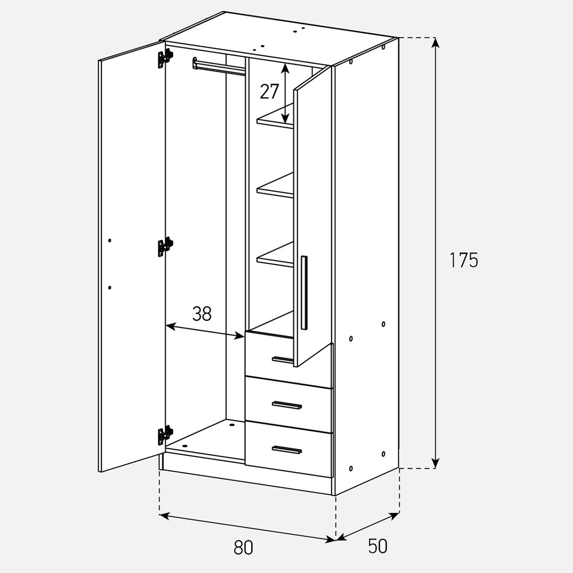 Sonorous 175x80x50 3 Raflı 3 Çekmeceli Gardırop_4