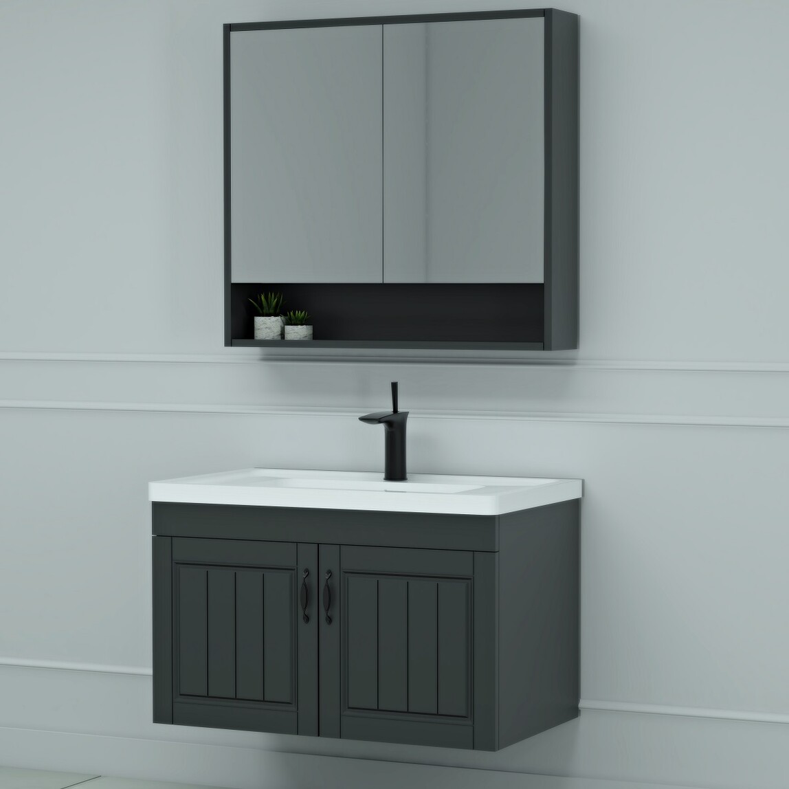    Malin Aynalı 85 cm Takım Banyo Dolabı Antrasit 