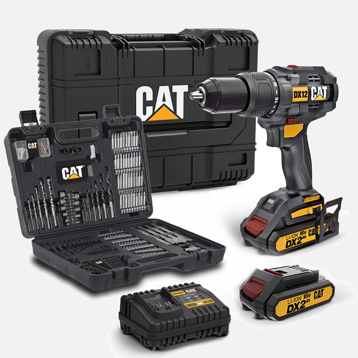    CAT DX12SET 18Volt/2.0Ah Li-ion Çift Akülü Kömürsüz Profesyonel Şarjlı Darbeli Matkap - DA01903 201 Parça Delme/Vidalama Uç Seti  