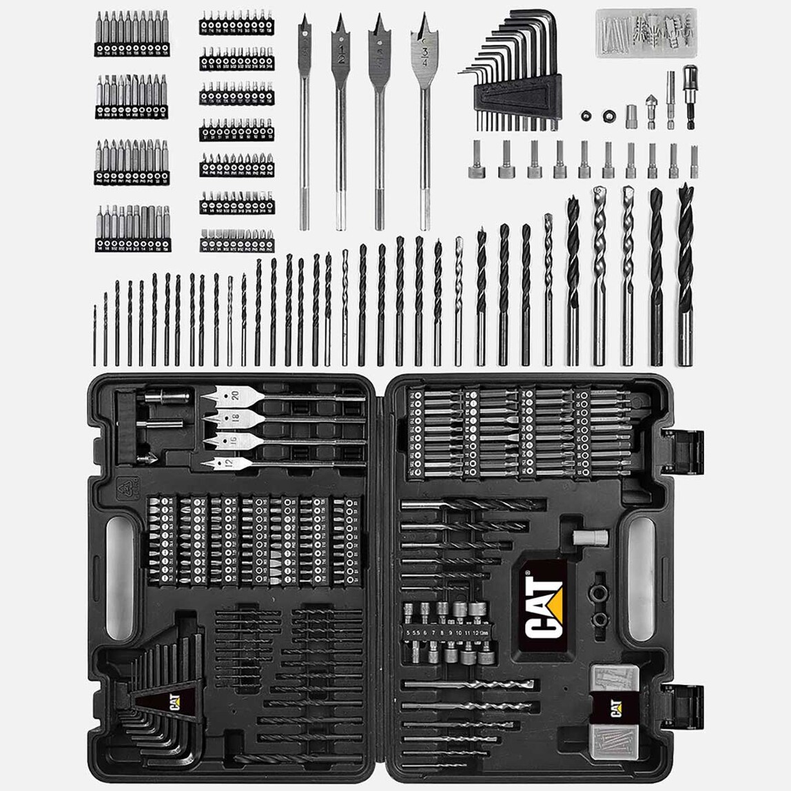    CAT DX12SET 18Volt/2.0Ah Li-ion Çift Akülü Kömürsüz Profesyonel Şarjlı Darbeli Matkap - DA01903 201 Parça Delme/Vidalama Uç Seti  