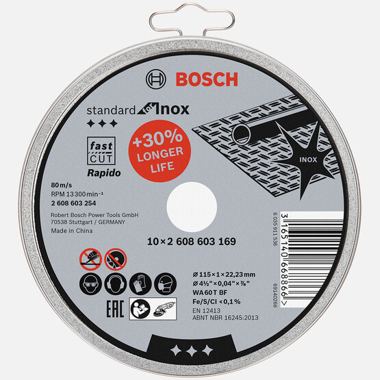 Bosch 115x1,0mm Standard Seri Düz Inox (Paslanmaz Çelik) Kesme Diski (Taş)Rapido 10'Lu