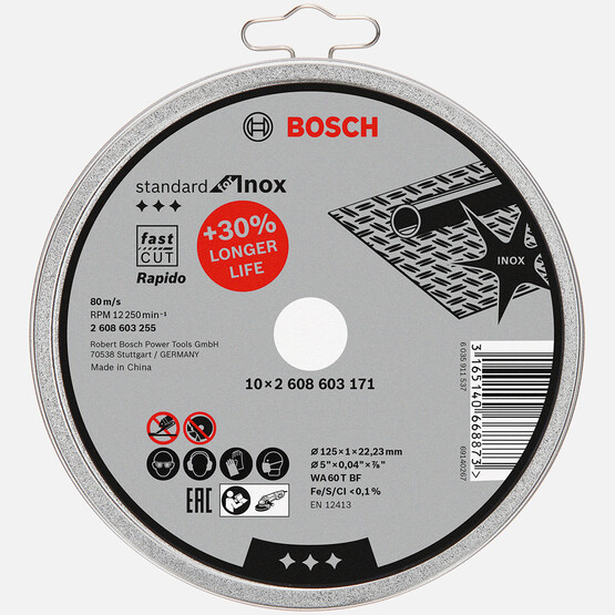 Bosch 125x1,0mm Standard Seri Düz Inox (Paslanmaz Çelik) Kesme Diski (Taş)Rapido 10'Lu