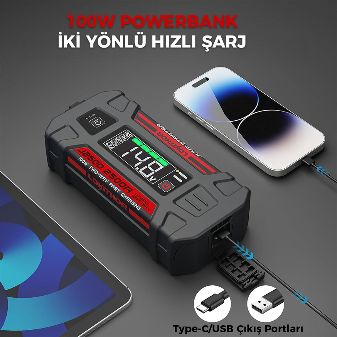 Lokithor J2500 12V 2500 Amp LiFePO4 Akıllı Akü Takviye-Powerbank-Led Lamba_5